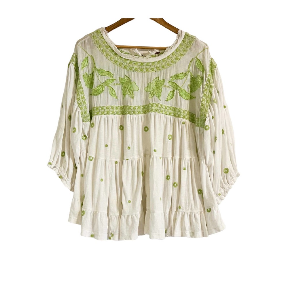 Free People Edie Top Womens White Green Linen Blend Beaded Embroidered M - Picture 2 of 12